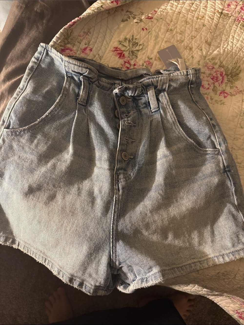 Light Blue High-Waist Button-Front Denim Shorts